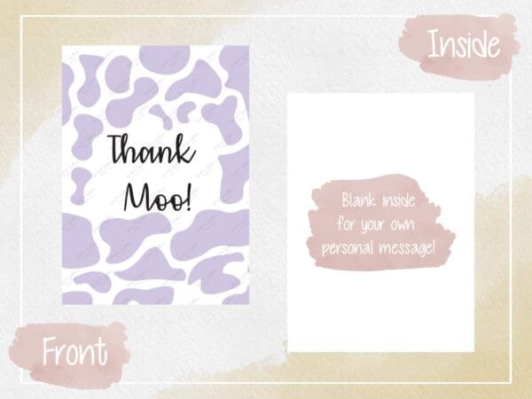 Thank Moo Lavender Greeting Card - Digital Download, Appreciation Card, Instant Print, Farm Animal Theme, Lavender Cow Print Design. - Image 2