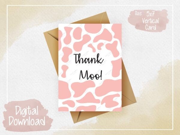 Thank Moo Coral Greeting Card - Digital Download, Appreciation Card, Instant Print, Farm Animal Theme, Coral Cow Print Design.