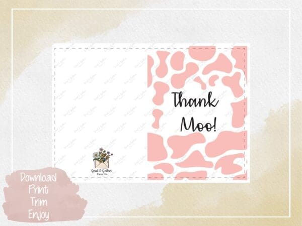 Thank Moo Coral Greeting Card - Digital Download, Appreciation Card, Instant Print, Farm Animal Theme, Coral Cow Print Design. - Image 3