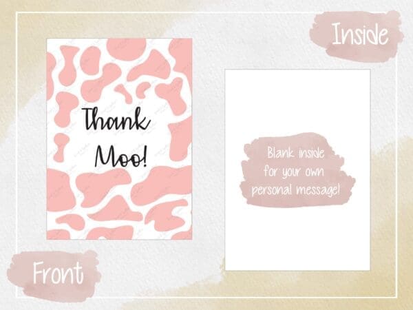 Thank Moo Coral Greeting Card - Digital Download, Appreciation Card, Instant Print, Farm Animal Theme, Coral Cow Print Design. - Image 2