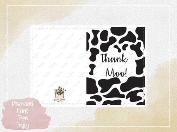 Thank Moo Greeting Card - Digital Download, Appreciation Card, Instant Print, Farm Animal Theme, Cow Print Design. - Image 3