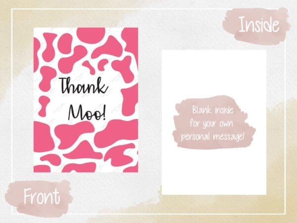 Thank Moo Pink Greeting Card - Digital Download, Appreciation Card, Instant Print, Farm Animal Theme, Cow Print Design. - Image 2