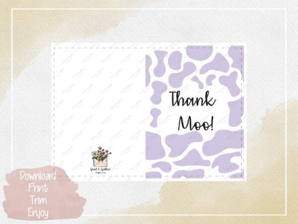 Thank Moo Lavender Greeting Card - Digital Download, Appreciation Card, Instant Print, Farm Animal Theme, Lavender Cow Print Design. - Image 3