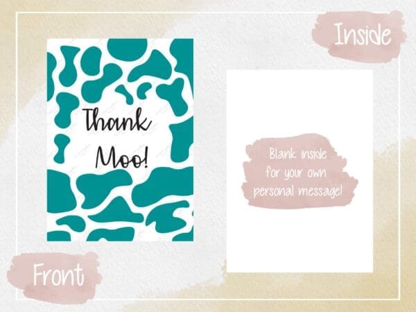 Thank Moo Teal Greeting Card - Digital Download, Appreciation Card, Instant Print, Farm Animal Theme, Cow Print Design. - Image 2