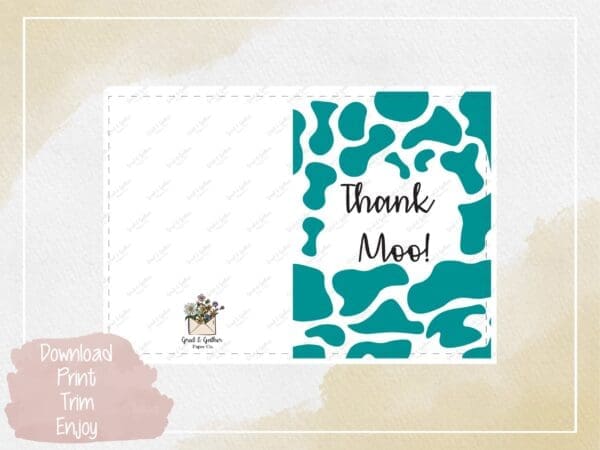 Thank Moo Teal Greeting Card - Digital Download, Appreciation Card, Instant Print, Farm Animal Theme, Cow Print Design. - Image 3