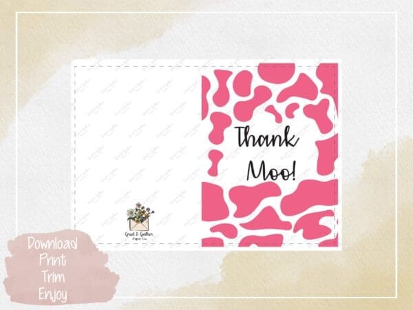 Thank Moo Pink Greeting Card - Digital Download, Appreciation Card, Instant Print, Farm Animal Theme, Cow Print Design. - Image 3